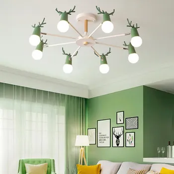 

Nordic macaron antler chandelier simple post modern LED chandeliers bedroom dining room iron and wood deer head ceiling lamp E27