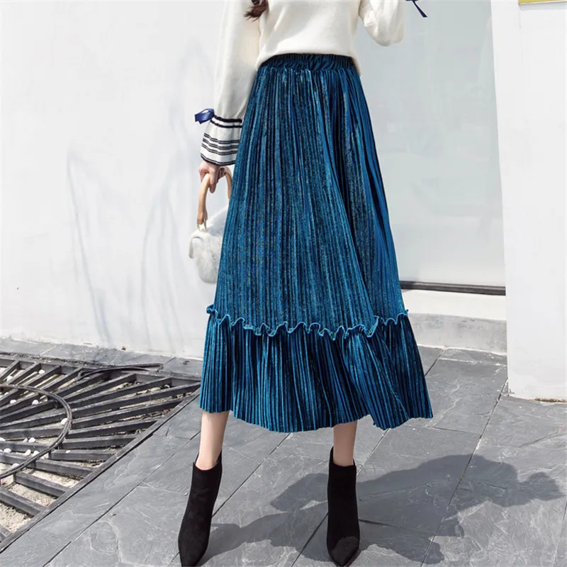 Осенне-зимние женские бархатные юбки женские с высокой талией сетчатые длинные плиссированные юбки женские модные замшевые макси юбки - Цвет: XBS1166 blue