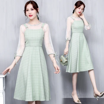 

Loose 2019 Fashion A-line 2 Pcs Set Plaid Bow Brief High Waist Women's Sets Korean Mesh Zip Vintage Two Piece Set