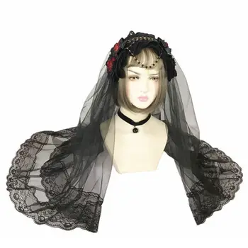 

2 Layer Rose Artificial Beads Chain Decor Wedding Veil Floral Lace Rim Black Tulle Mesh Headband for Women Cosplay Party