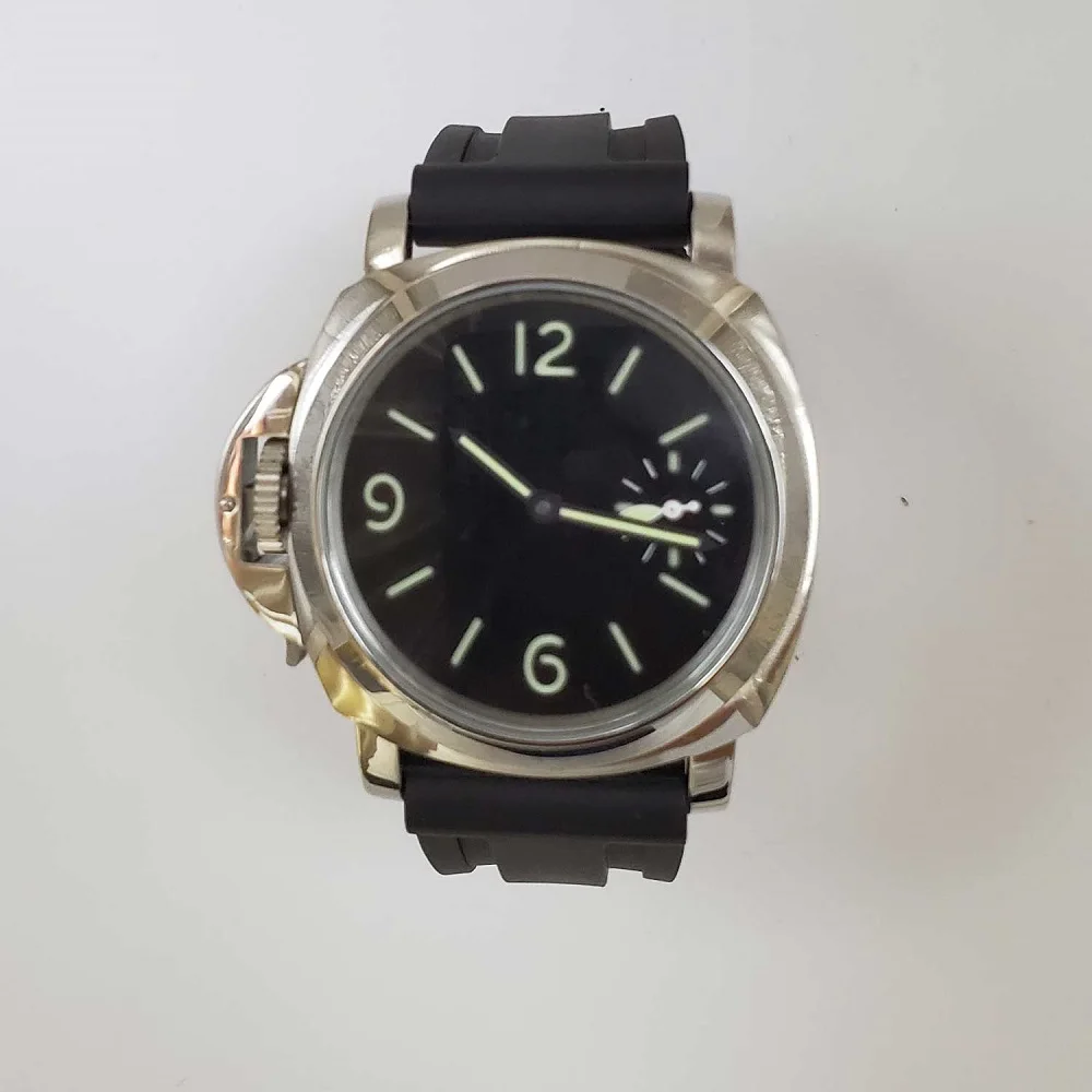 

watch 44mm left handed manual military watch seagull movement 6497 winding brushed steel case leather strap