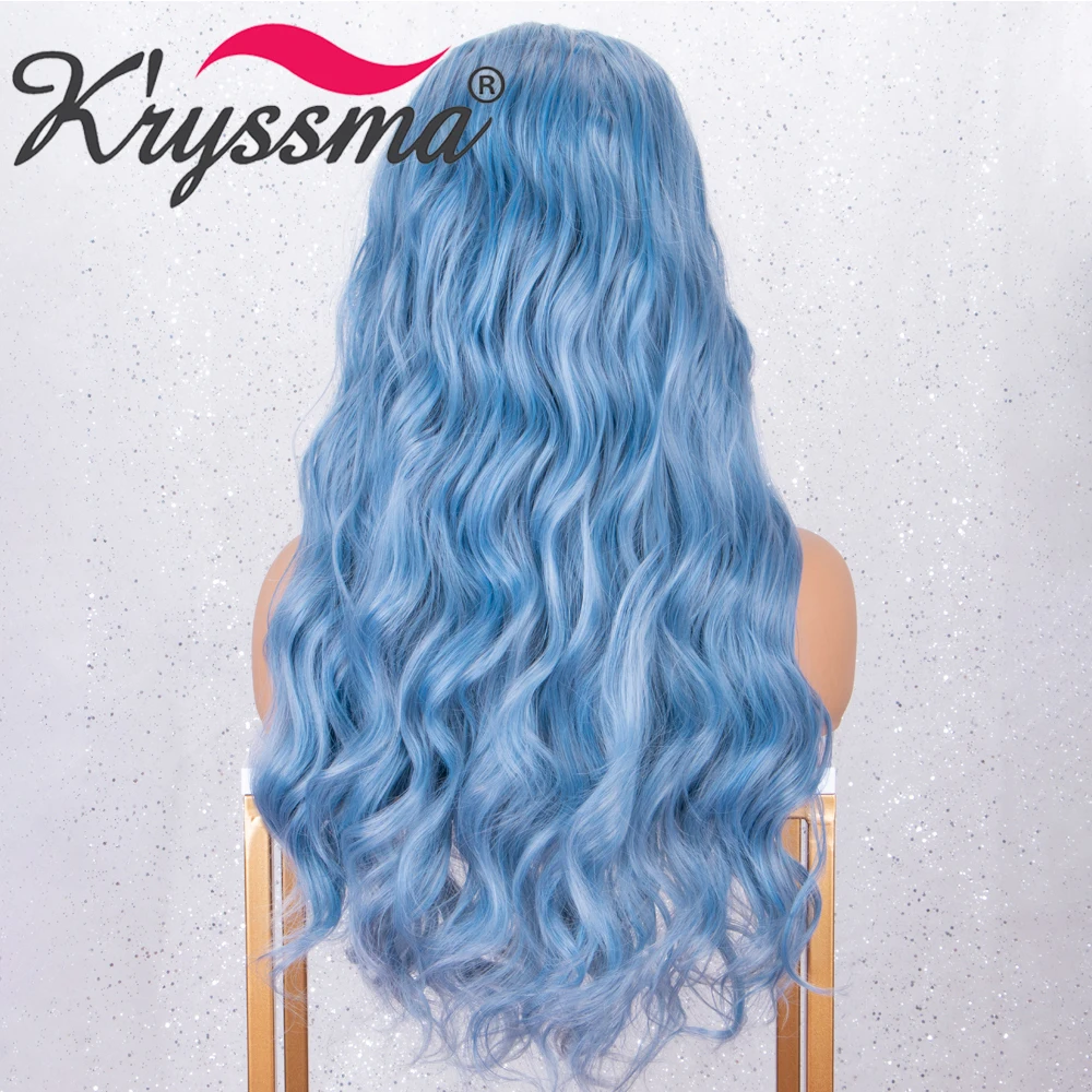 Kryssma 13x3 кружевные голубые парики синтетические парики на фронте шнурка для черных женщин длинные волнистые косплей парик высокотемпературное волокно