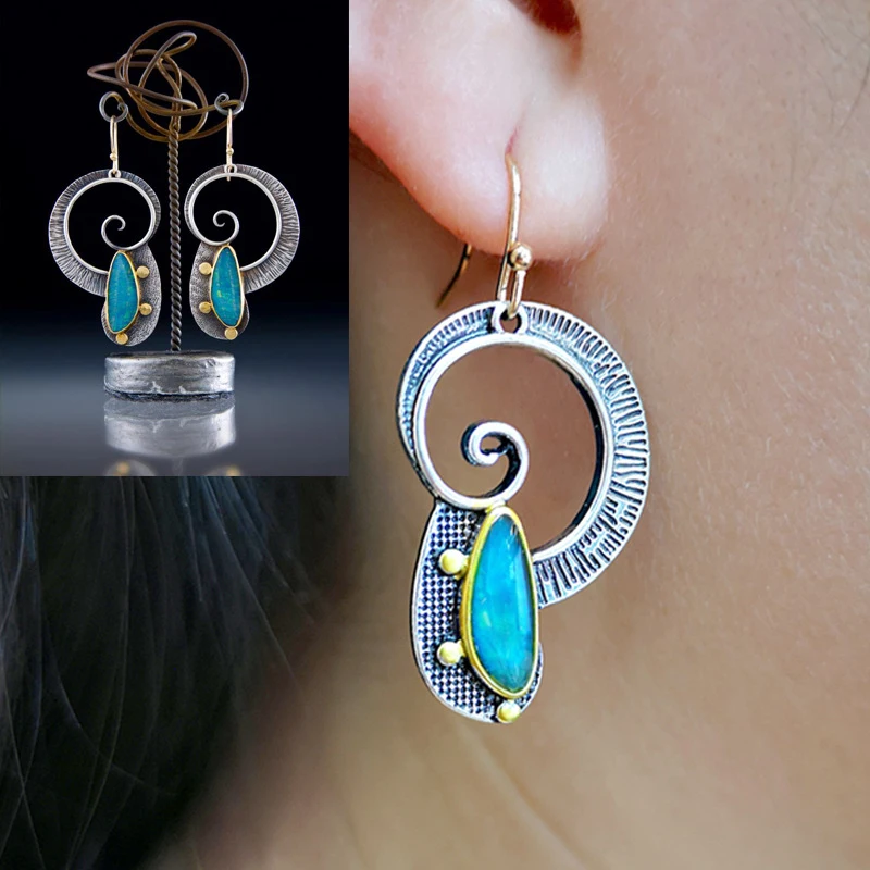 Бохо этнический синий Опаловый камень спирали серьги для женщин Девушка Винтаж ручной работы металлические свисающие серьги в форме капель Pendientes Z4D376 - Metal Color: Earring D376