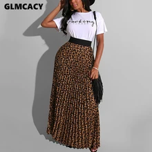 Camisetas de manga corta Casual Vintage leopardo faldas plisadas Casual para mujer dos piezas Chic trajes Falda larga