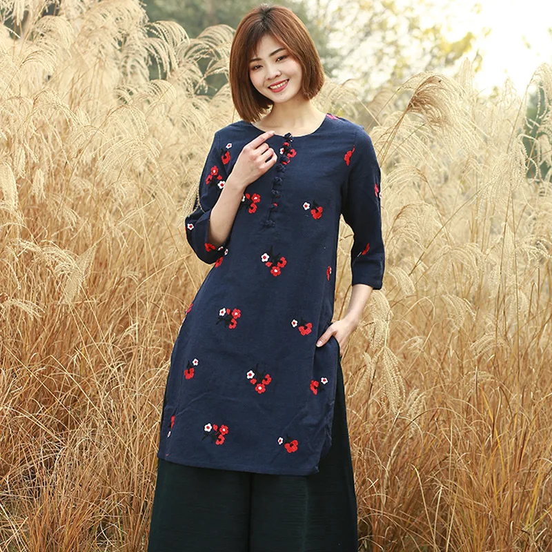 

Cotton Linen WOMEN'S Dress Embroidery Sweater Chinese-style Handmade Frog Spring Tops Both Sides Slit Long Sleeve Clothes