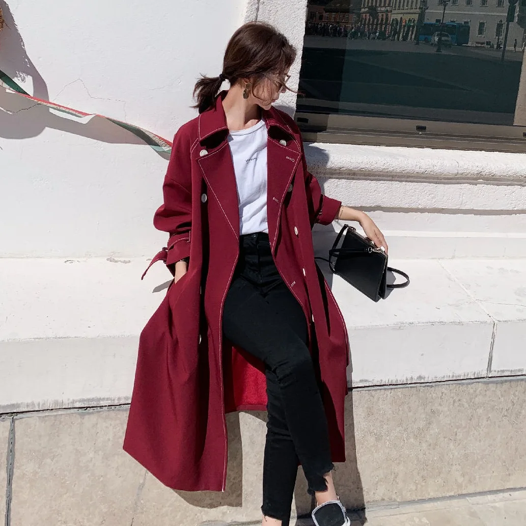 

Photo Shoot CHIC England Open Wire Double Breasted Fold-down Collar Wine Handsome BF Waist Hugging Lace-up Slim Fit Trench Coat