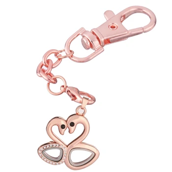 

10pcs/lot Mix color Double swan animals crystal locket Key Ring Memory Living Magnet Glass Keychains Locket for Floating charms