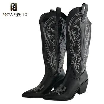 

Prova Perfetto Embroidery Pointed Toe Boots Women High Heel Mid-Calf Bota Feminina Woman Fashion Wild Retro Waterproof Stivali