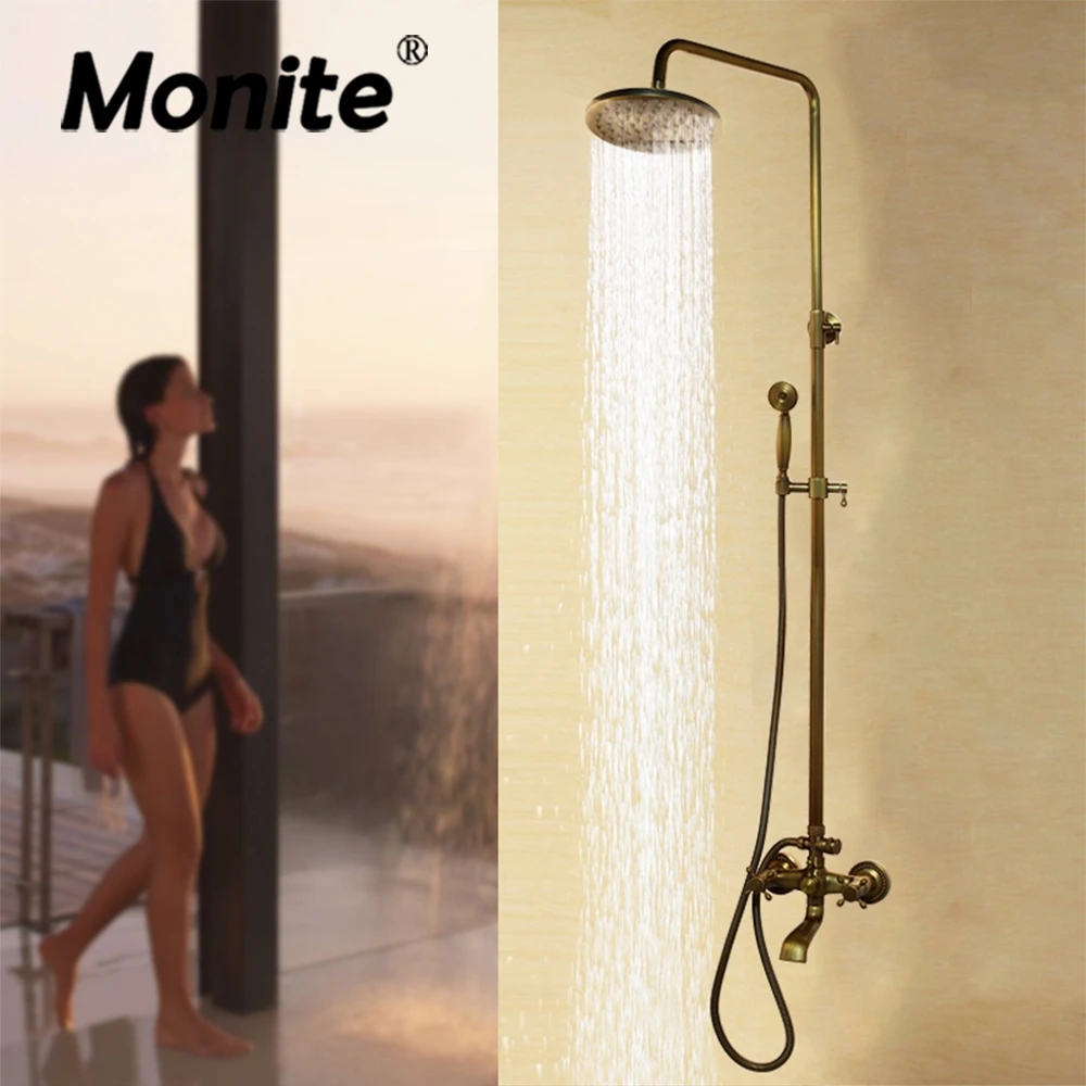 Monite Antique Brass Bathroom Shower Set Spray Hand & Round Rainfall Mixer Taps Double Handles Combo | Обустройство дома