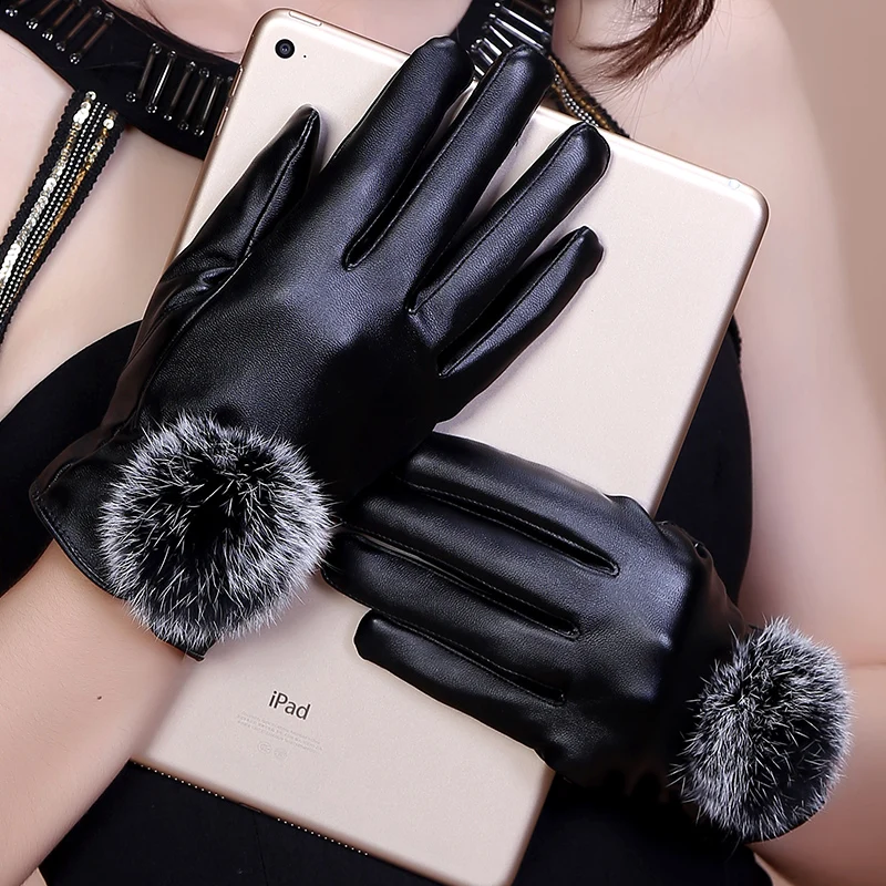 Новые женские бархатные фитнес-зимние кожаные перчатки из искусственной кожи теплые с кроличьим мехом перчатки для боулинга Элегантные женские перчатки - Цвет: black