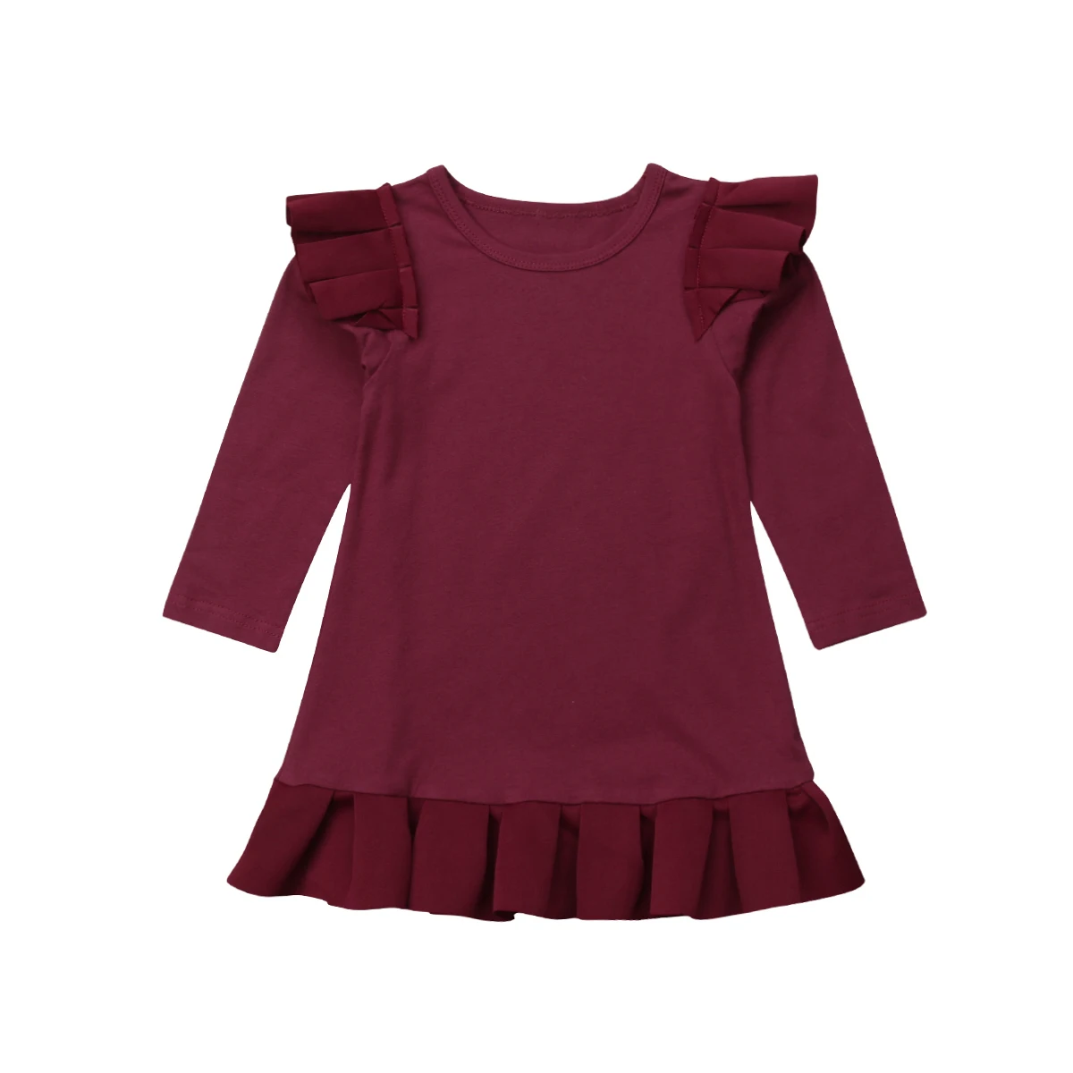 Wine Red Осенне-зимнее милое платье-свитер для маленьких девочек однотонные платья до колена с оборками и длинными рукавами для детей возрастом от 1 года до 6 лет - Цвет: Wine Red
