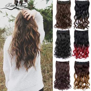 

XUANGUANG 24'' Long Curly Women Clip in Hair Extensions High Temperature Synthetic Hair Piece Black Brown