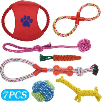 

1 Set Dog Chewing Toys Set Puppy Toys Set Pet Rope Flying Discs Toy Durable Braided Bone Chewing Training Toys Rope 7 Pcs #LR3