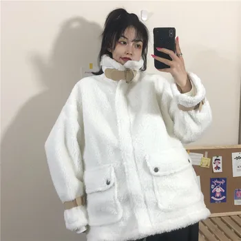 

Spring Fleece Lamb Wool Coat Female Cotton Loose Jacket Student Faux Fur Coat Winter Loose Solid Long Windbreaker Coat