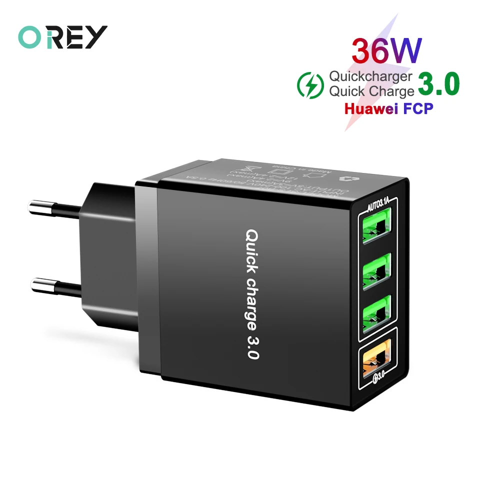 

OREY 36W Quick Charge 3.0, 4 Port USB Charger For Samsung Note 9 QC 3.0 Wall Charger Adapter For Xiaomi Fast Charger