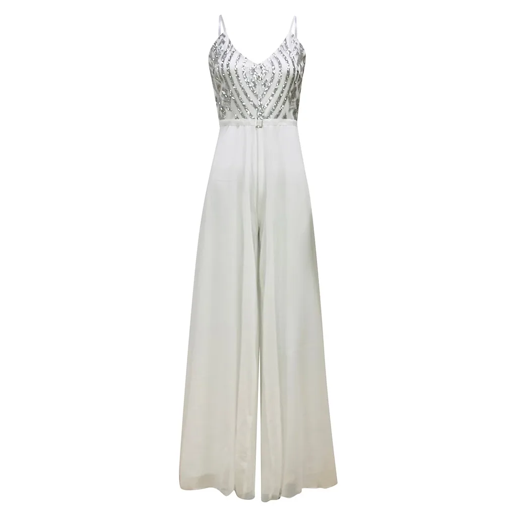 Womail Jumpsuit Women Spaghetti Strap Sequin Backless Jumpsuit Sexy Sleeveless White long Wide leg Jumpsuit Summer elegant party