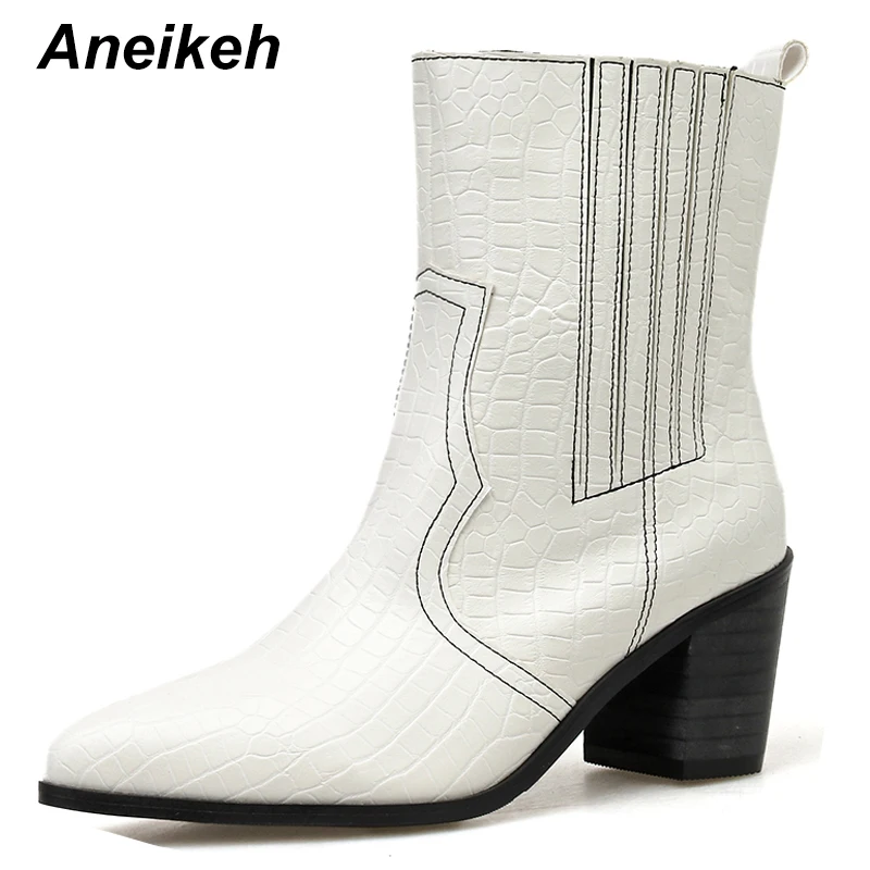 white Aneikeh/Новинка г. Модные ботинки «Челси» в стиле «казаки» женские ботинки для верховой езды с острым носком без застежки танцевальная обувь на квадратном каблуке Размеры 35-42 - Цвет: white