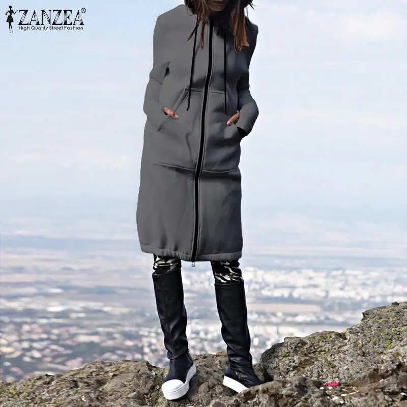 

ZANZEA 2019 Autumn Winter CasuaL Women Long Hoodies Sweatshirt Coat Zip Up Outwear Hooded Jackets Plus Size Hooded Chaqueta 5XL