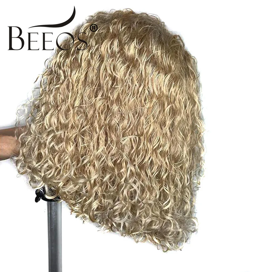 

Beeos 13*4 Side Part Lace Front Human Hair Wig 613 blonde Curly Bob Pre Pucked Remy Human Hair Bleached Knots Peruvian Hair