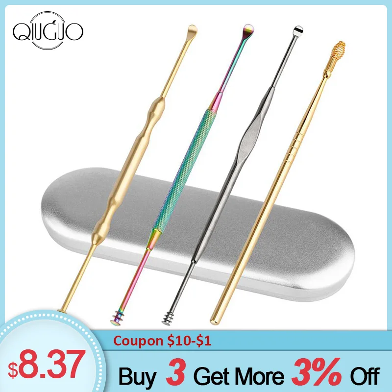 

4pcs Stainless Steel Earwax Cleaner Portable Double Sides Ear Pick Cleaning Tools Earpick Ear Wax Remover Tool Kit Family Use
