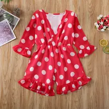 Детский комбинезон для маленьких девочек; комбинезон с оборками; шифоновый комбинезон с длинными рукавами; летняя одежда в горошек с глубоким v-образным вырезом и широкими штанинами;