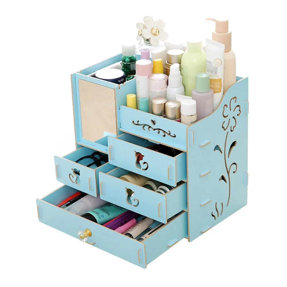  Cosmetic Storage Box Wood Desktop Rack Drawer Makeup Organizer With Mirror Bathroom Equipment Candy