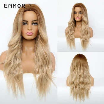 

EMMOR Long Middle Part Ombre Ash Blonde Body Wave Synthetic Hair Wigs for White black Women Cosplay Heat Resistant Fibre Wig