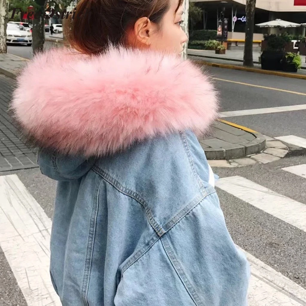 Most effective  Free Ostrich Women Jean Jacket Winter Thick Jean Jacket Faux Fur Collar Fleece Hooded Denim Coat Fe