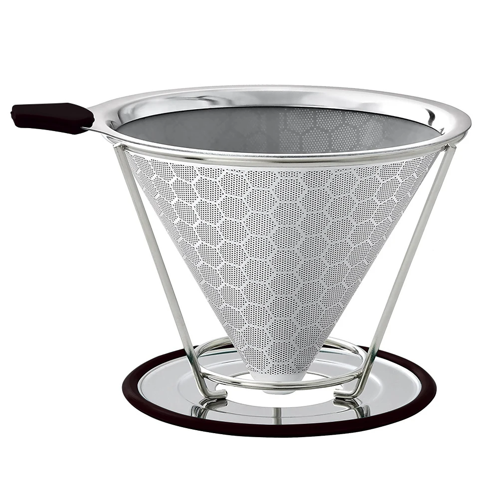 Stainless Steel Double Layer Coffee Filter Reusable Pour Over Coffee Dripper Cone With Non-slip Stand and Brush Honeycomb
