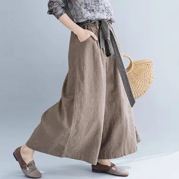 

Johnature 2020 Spring New Cotton Linen Plus Size Women Wide Leg Pants Casual Women Solid Color Elastic Wiast Full-length Pants