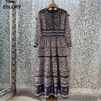 

Vintage Retro Dress 2019 Autumn Style Women Exquisite Embroidery Print Patchwork Long Sleeve Casual Party Elegant Dress Female