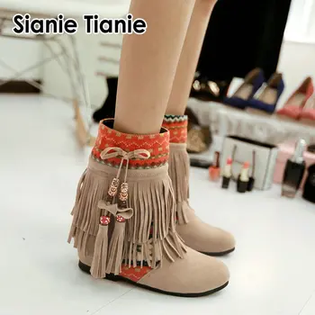 

Sianie Tianie bohemian ethnic exotic woman boots round toe casual flats winter shoes for women ankle boots with fringes tassels