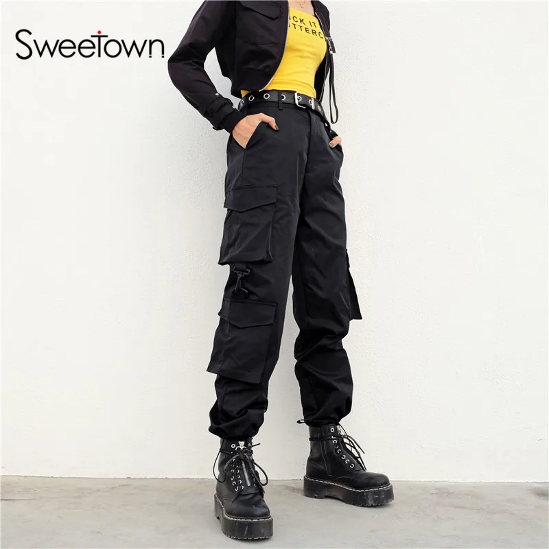 Sweetown, однотонные карманы, уличная одежда, брюки-карго, женские, повседневные, размера плюс, прямые брюки, эластичные, высокая талия, хиппи, мешковатые штаны