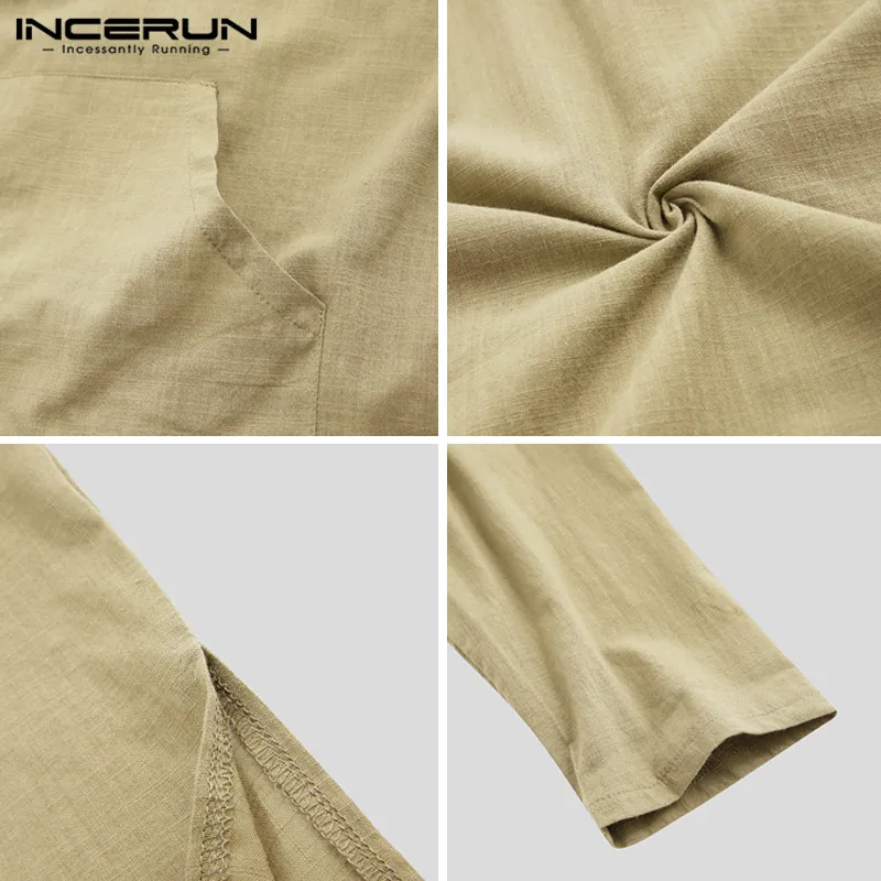INCERUN/однотонная мужская футболка с капюшоном и карманами, Повседневная Хлопковая мужская футболка с длинными рукавами в стиле ретро, Свободный пуловер Harajuku