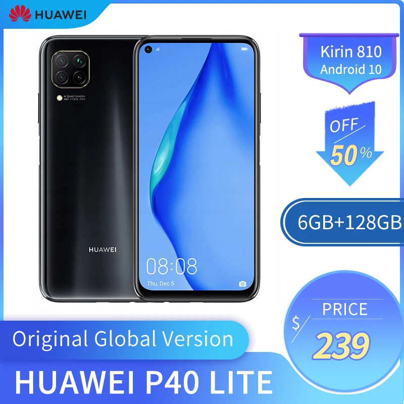 Оригинальная глобальная HUAWEI P40 Lite 6 ГБ + 128 Гб Kirin 810 Смартфон 48MP камера 16MP