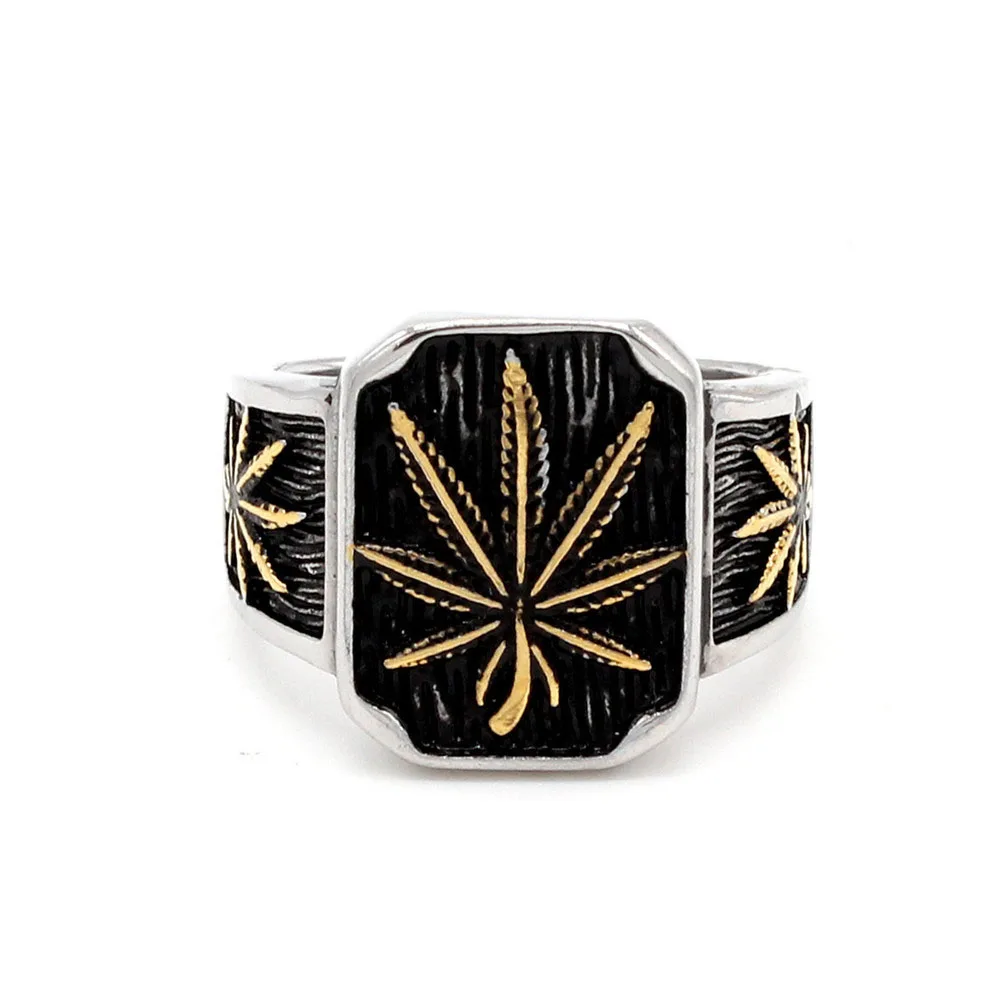 High Quality Chinese New Style Punk Men's Jewelry Retro hemp leaf men's titanium steel ring G0904 | Украшения и