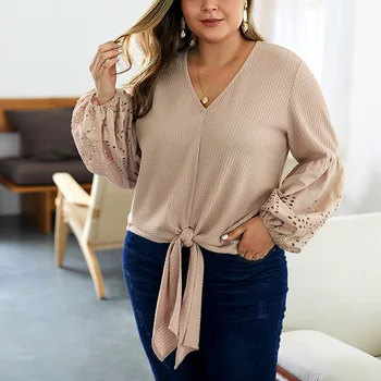 

NAIDEY Plus Size Autumn Women knitted top bowknot Buttons femme Sweater V-neck Long sleeve women Shirt Cardigan Lace splicing