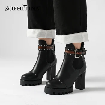 

SOPHITINA Women's Ankle Boots Ankle Buckle Platform Non-slip Sole Black Sexy High Heel Adjustable Bootie Women Shoes PO736