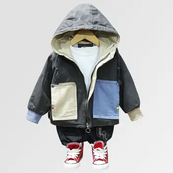 

INS hot Baby boys Jackets 0-5 year old Korean stitching large pocket autumn winter jacket hooded boys trench online celebrity