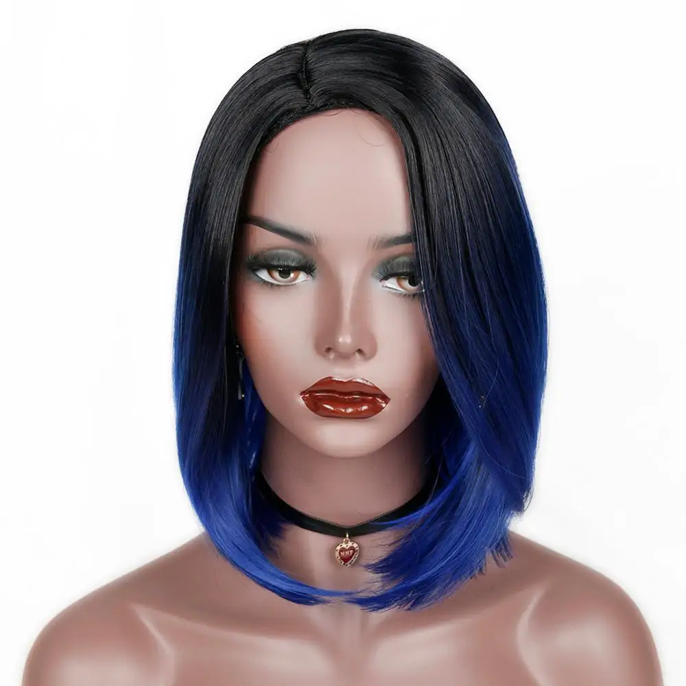 HANNE короткие синтетические парики Омбре черный до синий/серый/зеленый/фиолетовый боб парики Высокая температура волокна натуральные женские парики - Цвет: 1B Blue
