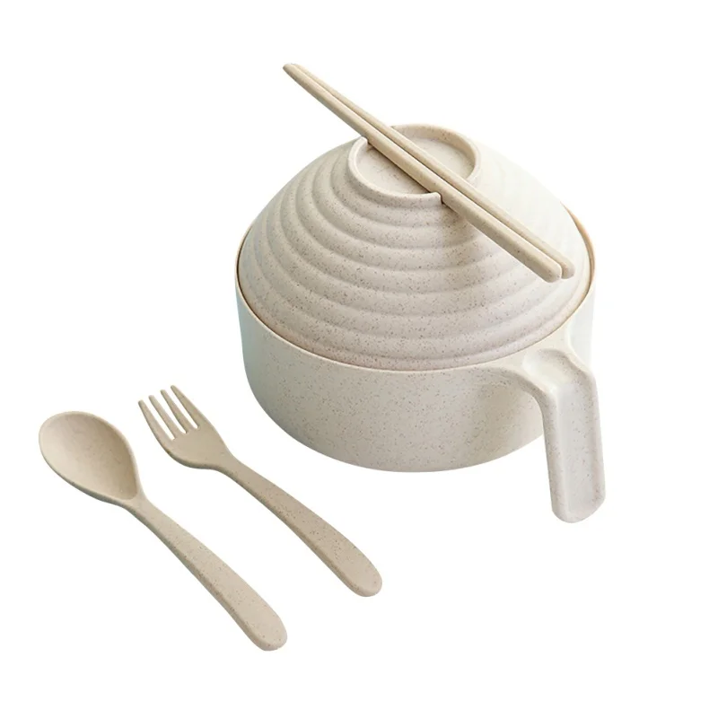 as the picture Мгновенная лапша миска с крышкой Бытовая мгновенная супница с посуда портативный пшеничной соломы ланч бокс для студентов - Color: as the picture