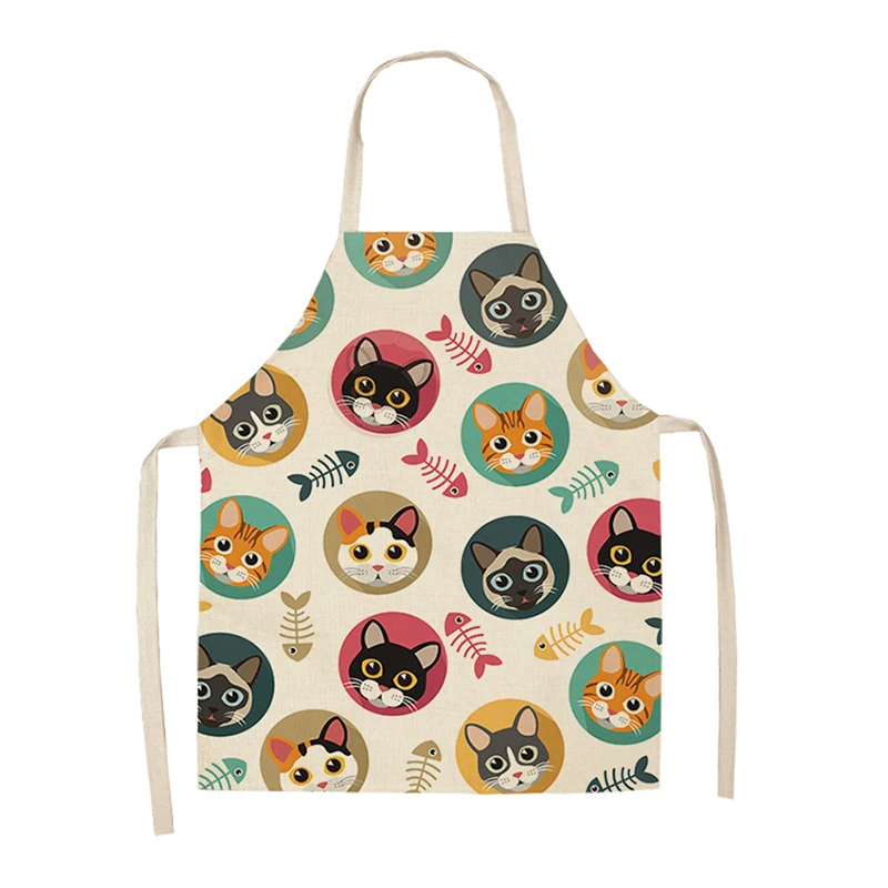 Anti-fouling 1Pcs Cotton Linen Sleeveless Cartoon Cat Printed Kitchen Apron Home Cleaning Tools for Men Women S/L