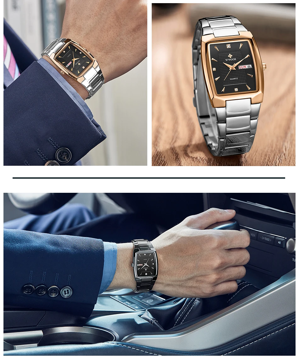 Watches Men WWOOR Brand Casual Simple Men's Quartz Clock Rose Gold Square Waterproof Week Display Wristwatches Relogio Masculino