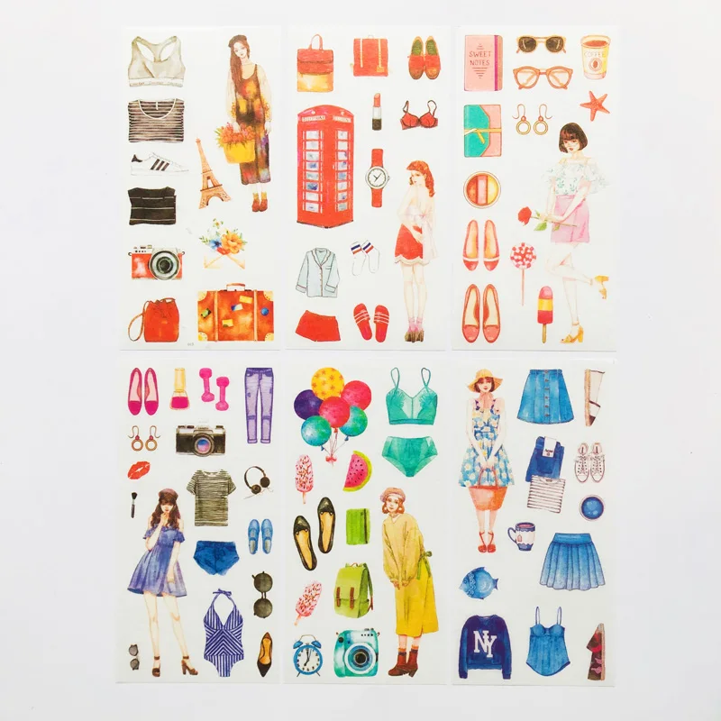 6 Sheets/Pack Fashion Girls Fit Models Paper Stickers Decorative Album Diary Decoration afbeelding
