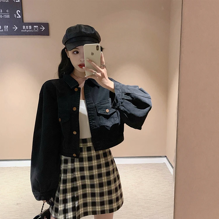 Осенняя новая Корейская шикарная Harajuku винтажная BF с длинными рукавами женская куртка короткая куртка воротник поло Свободная Женская модная джинсовая куртка