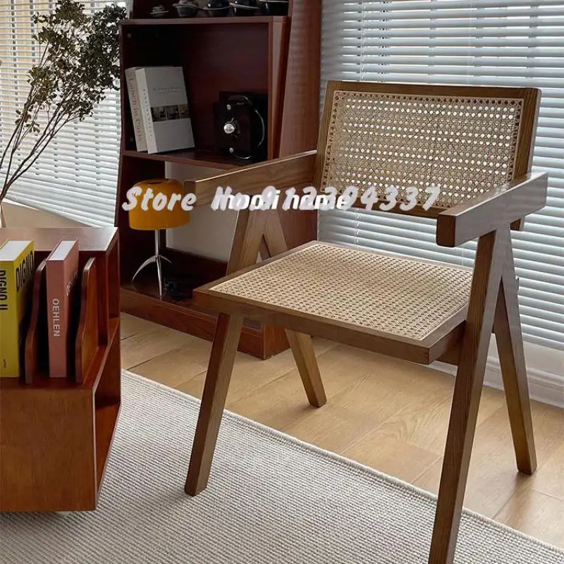 Nordic retro solid wood armrest rattan dining chair designer Chandigarh Wabi style lounge | Мебель