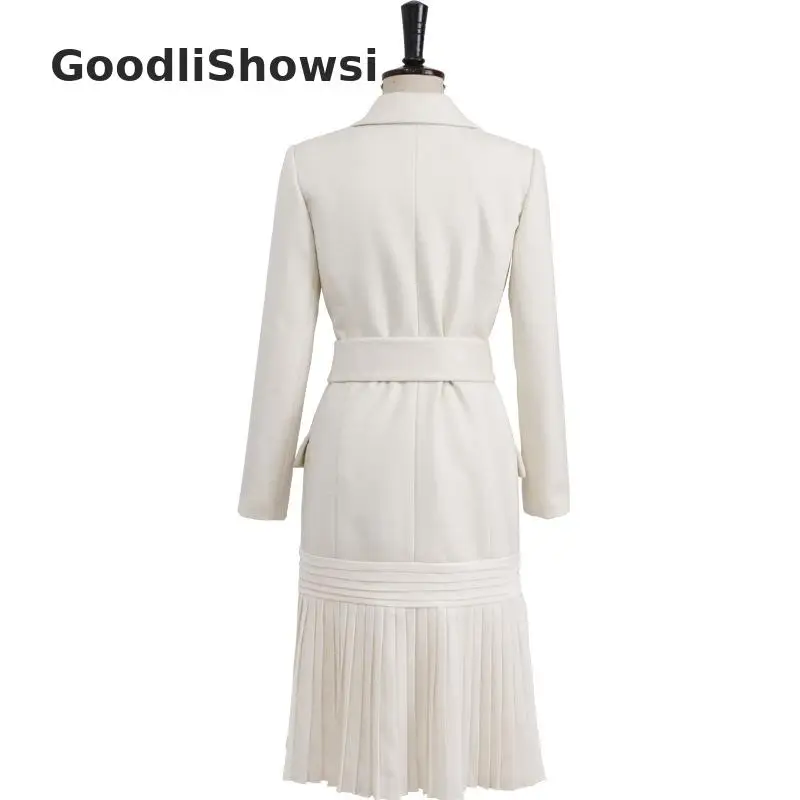 GoodliShowsi Normcore модное женское белое платье-блейзер с зубчатыми лацканами и карманами плиссированное платье с поясом