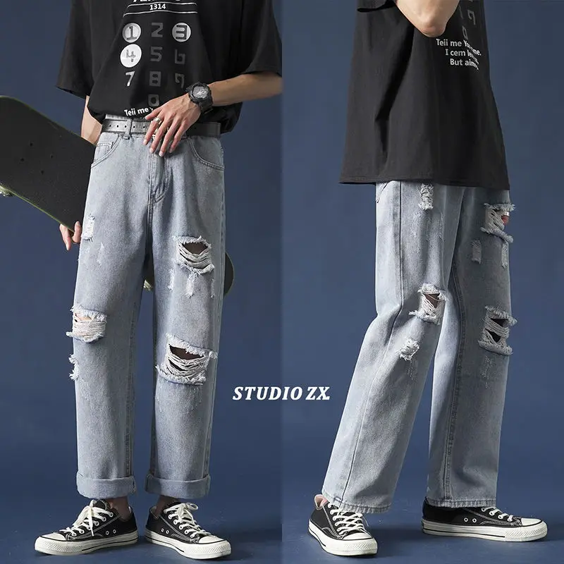 

Summer Ripped Straight Jeans Men's Fashion Retro Casual Jeans Pants Men Streetwear Wild Loose Hip Hop Denim Trousers Mens S-2XL