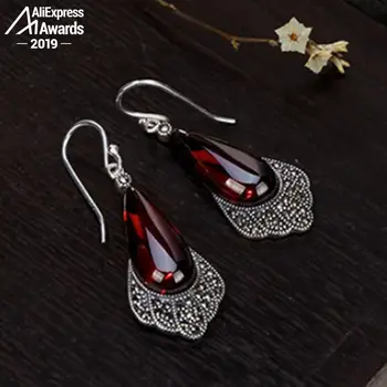 

S925 Fine Jewelry Ruby Drop Earrings Women Handmade Long Fan Vintage Natural Carnelian Waterdrop long Ruby red jasper