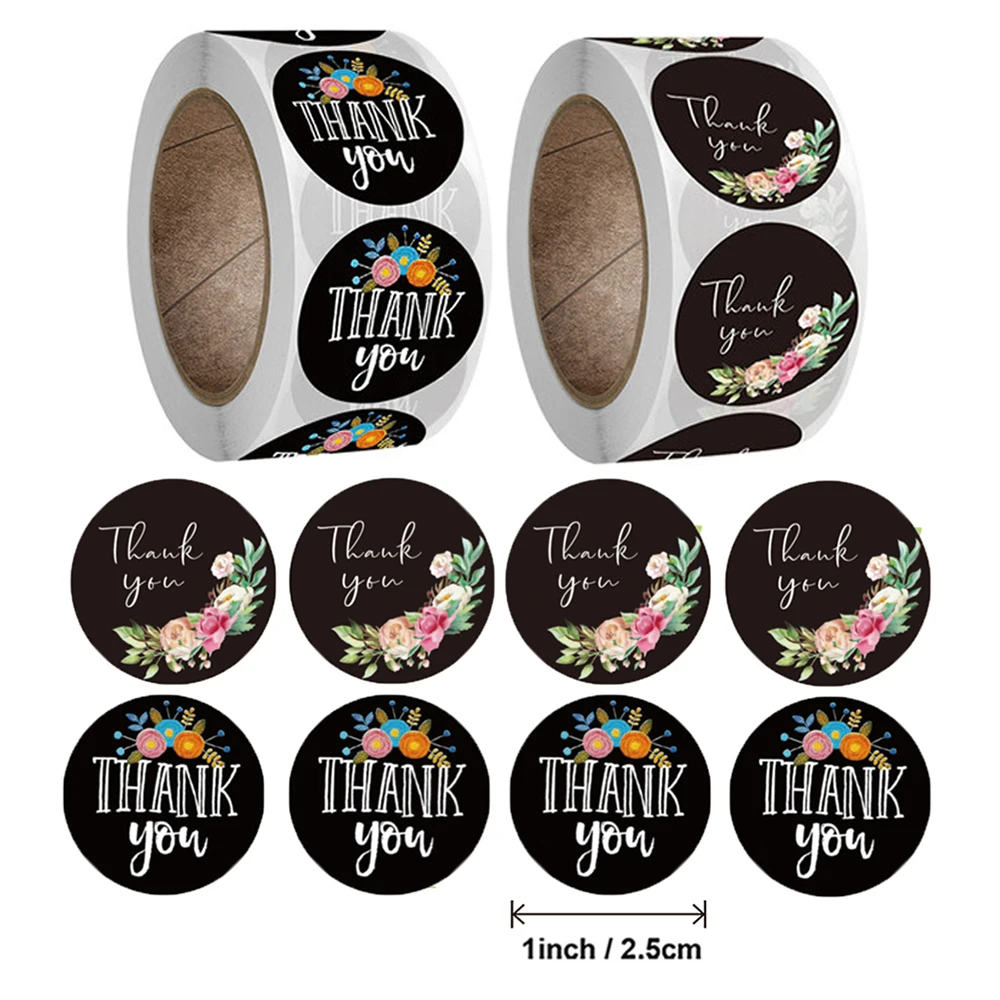 

500pcs 2.5cm Flower Thank You Black Stickers Christmas Decoration Sealing Label Cute Stationery Sticker